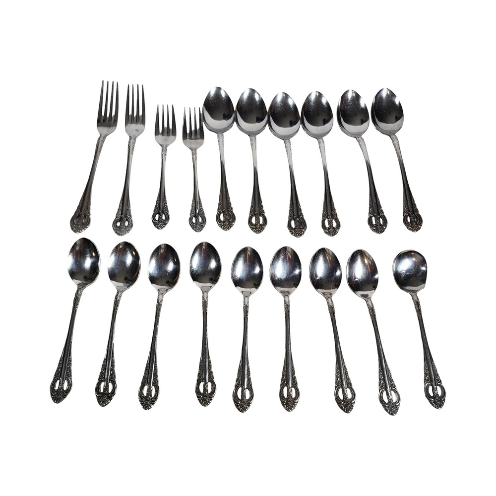 National Stainless Rose Garden Flatware 19pc Set Japan‎ Pierced Handle Floral